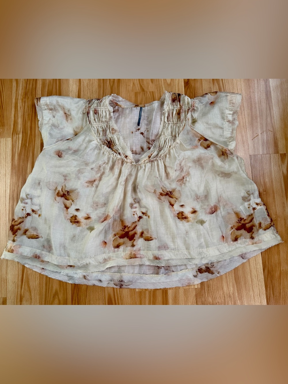 Anthropologie Cream and Brown Floral V-Neck Blouse